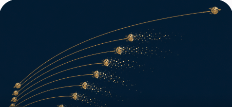 Illustration of eight small orbs launched in parallel arcing paths, most curving downward and scattering into particles, only one continuing on an unbroken arc forward.