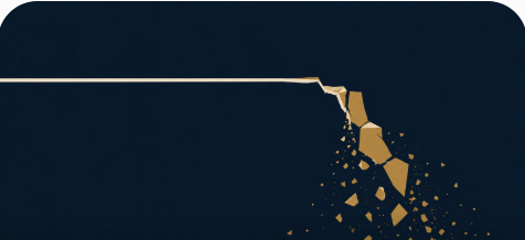 Illustration of a calm level line running steadily, then abruptly breaking into a jagged cliff-like drop, the structure fracturing into shards and particles scattering downward.