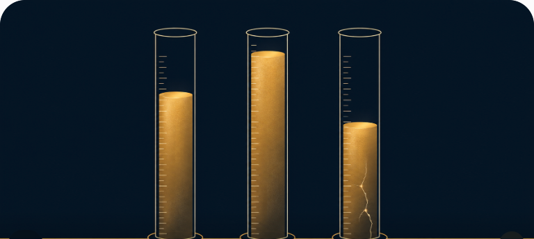 Illustration of three glass measuring columns filled to different levels with glowing gold liquid, one column's surface showing a faint crack near its base.